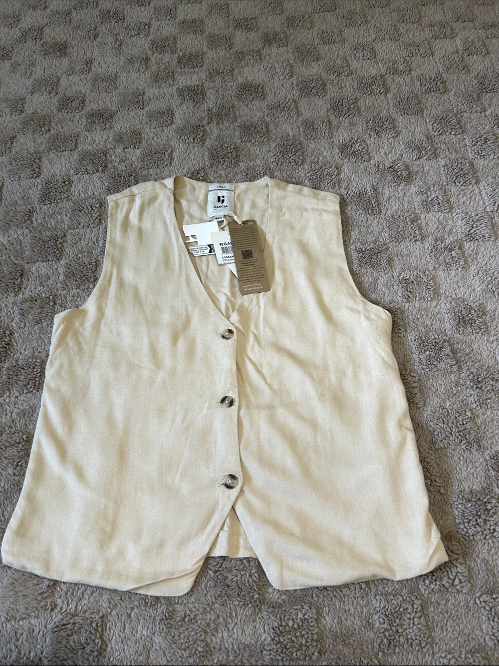 NWT Garcia Linen Blend V-Neck Button Front Vest Beige Size 164/170